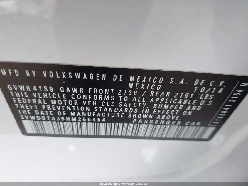 2017 Volkswagen Jetta Se VIN: 3VWDB7AJ5HM255454 Lot: 43959367