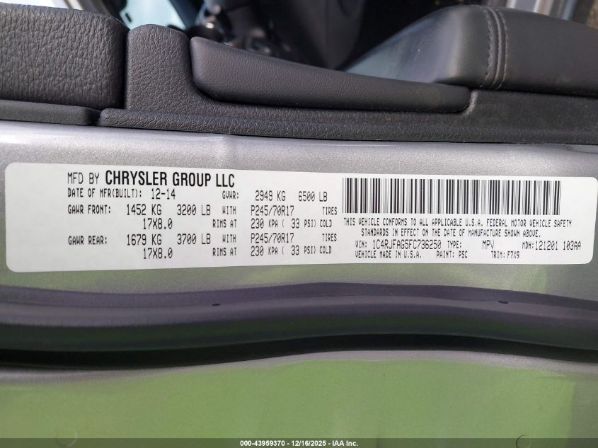 2015 Jeep Grand Cherokee Laredo VIN: 1C4RJFAG5FC736250 Lot: 43959370