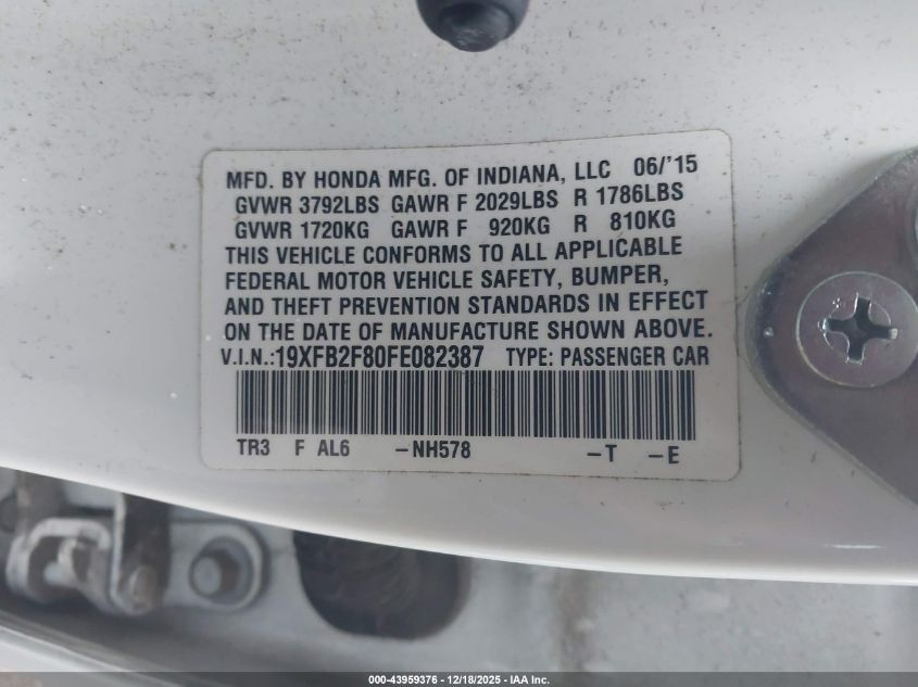 2015 Honda Civic Ex VIN: 19XFB2F80FE082387 Lot: 43959376