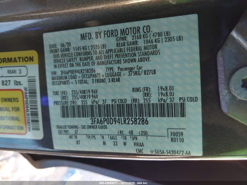 2020 Ford Fusion Titanium VIN: 3FA6P0D94LR258286 Lot: 43959377