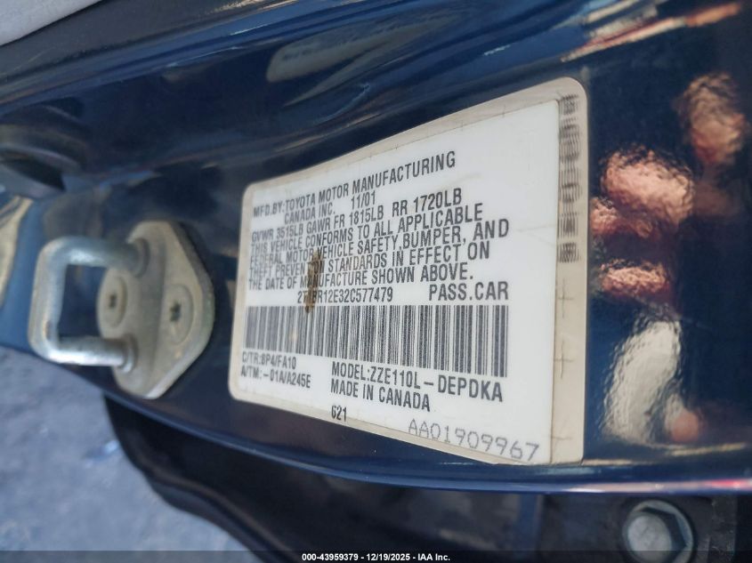 2002 Toyota Corolla Le VIN: 2T1BR12E32C577479 Lot: 43959379