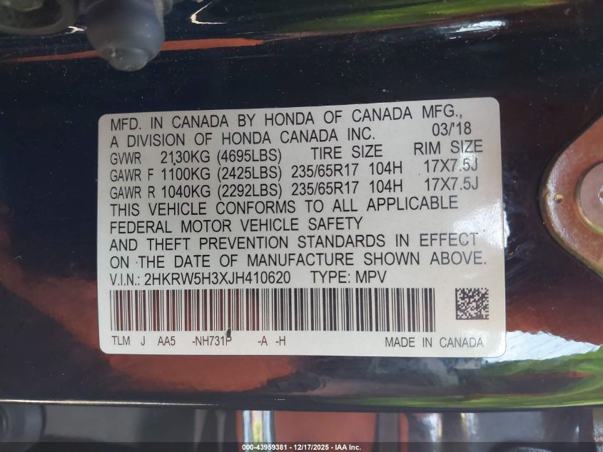 2018 Honda Cr-V Lx VIN: 2HKRW5H3XJH410620 Lot: 43959381