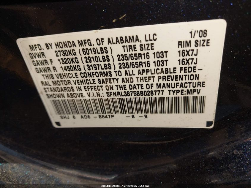 2008 Honda Odyssey Ex-L VIN: 5FNRL38758B028777 Lot: 43959383