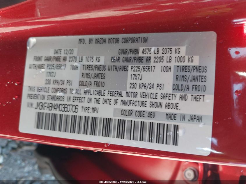 2021 Mazda Cx-5 Sport VIN: JM3KFABM4M0360706 Lot: 43959385