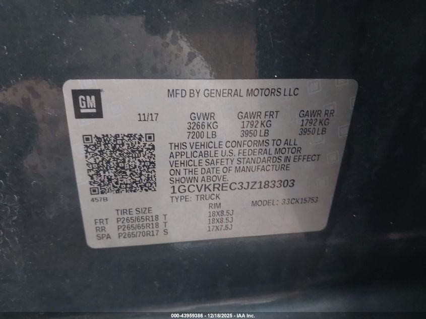 2018 Chevrolet Silverado 1500 2Lt VIN: 1GCVKREC3JZ183303 Lot: 43959386