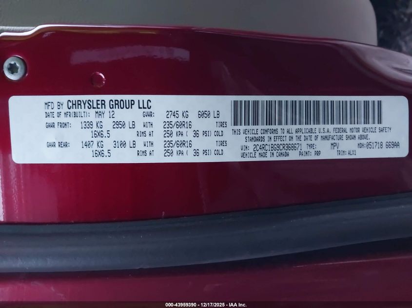 2012 Chrysler Town & Country Touring VIN: 2C4RC1BG9CR368671 Lot: 43959390