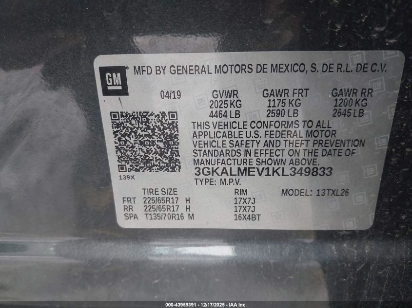 2019 GMC Terrain Sle VIN: 3GKALMEV1KL349833 Lot: 43959391