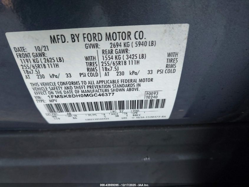 2021 Ford Explorer Xlt VIN: 1FMSK8DH0MGC46377 Lot: 43959395