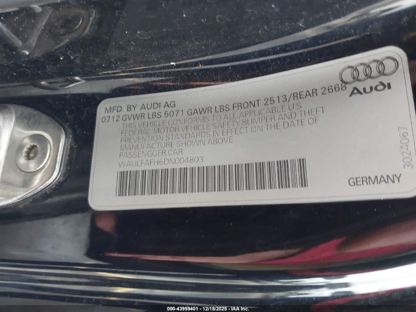 2013 Audi A5 VIN: WAULFAFH6DM004803 Lot: 43959401