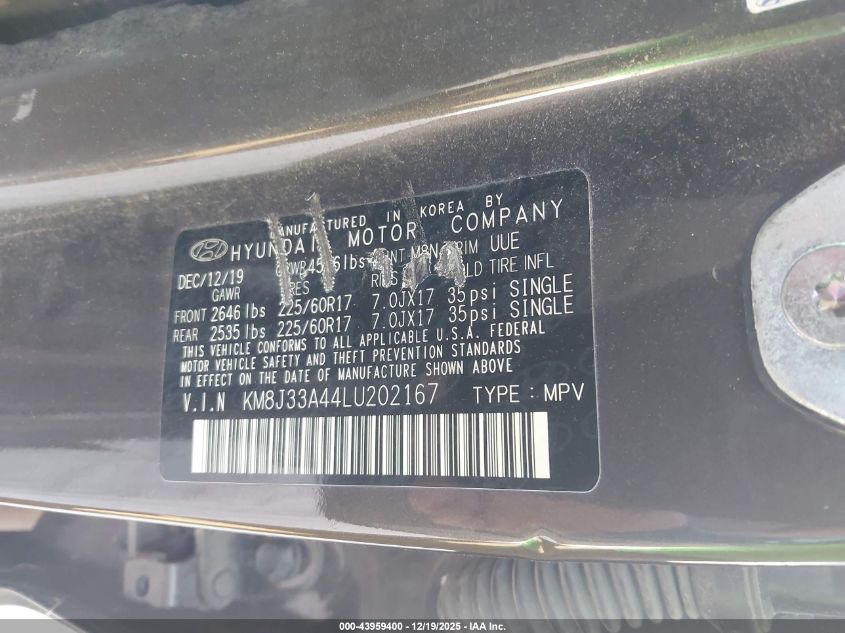 2020 Hyundai Tucson Value VIN: KM8J33A44LU202167 Lot: 43959400