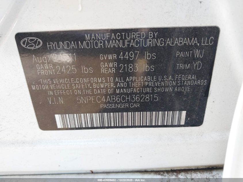 2012 Hyundai Sonata Limited 2.0T VIN: 5NPEC4AB6CH362815 Lot: 43959402