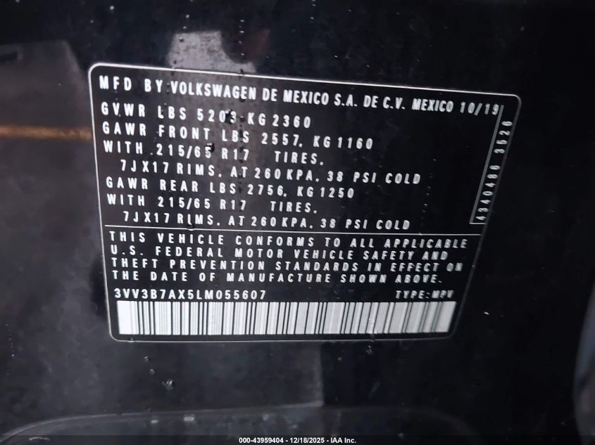 2020 Volkswagen Tiguan 2.0T Se/2.0T Se R-Line Black/2.0T Sel VIN: 3VV3B7AX5LM055607 Lot: 43959404