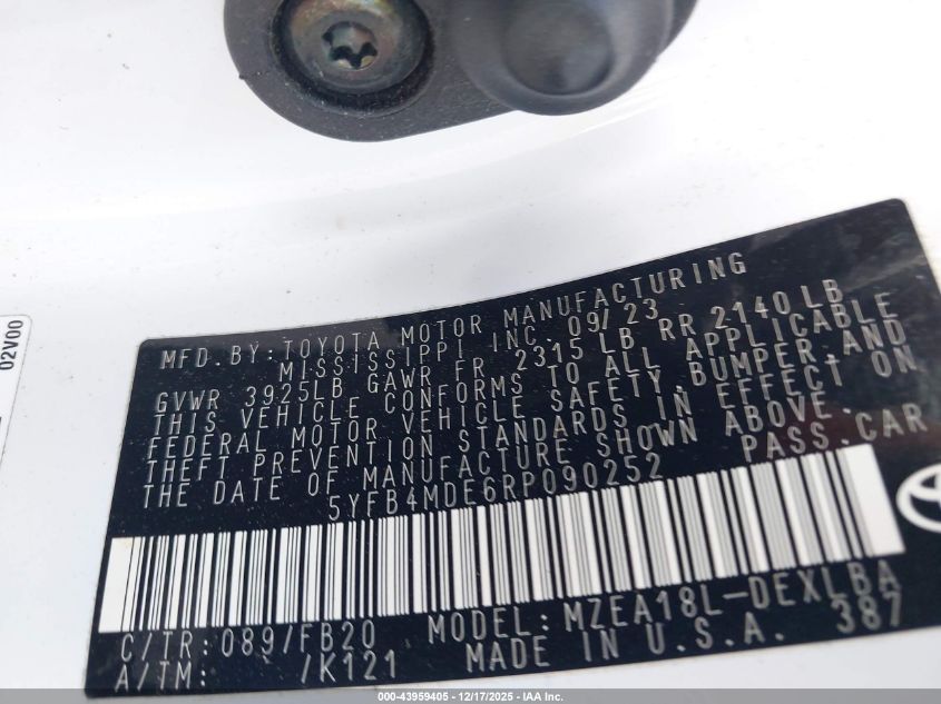 2024 Toyota Corolla Le VIN: 5YFB4MDE6RP090252 Lot: 43959405