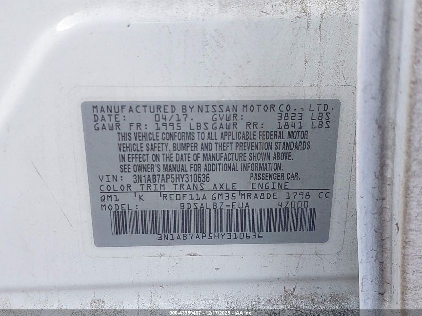 2017 Nissan Sentra S VIN: 3N1AB7AP5HY310636 Lot: 43959407