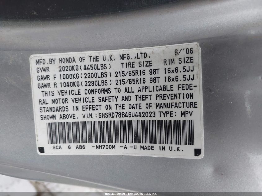 2006 Honda Cr-V Ex VIN: SHSRD78846U442023 Lot: 43959409