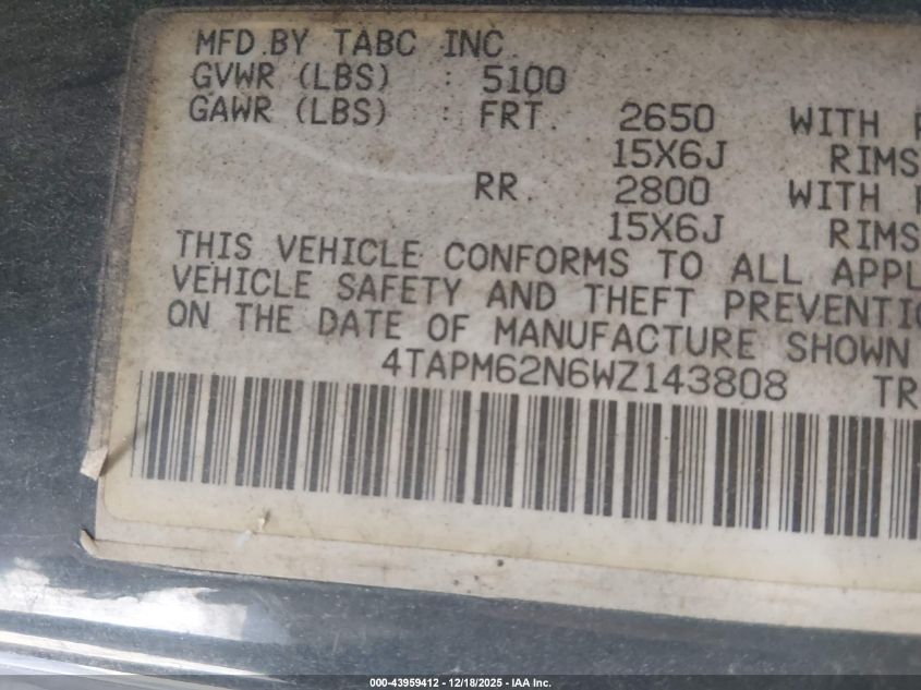 1998 Toyota Tacoma VIN: 4TAPM62N6WZ143808 Lot: 43959412