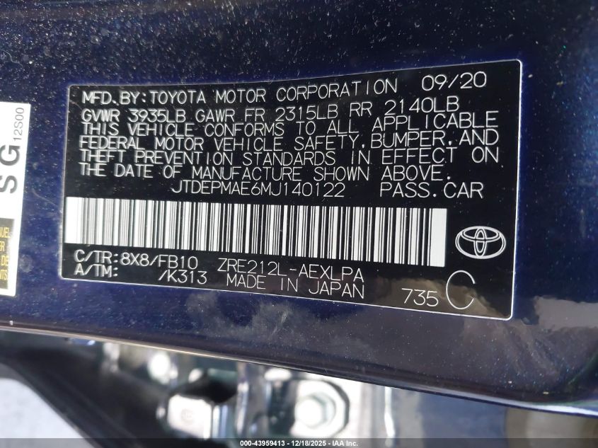 2021 Toyota Corolla Le VIN: JTDEPMAE6MJ140122 Lot: 43959413