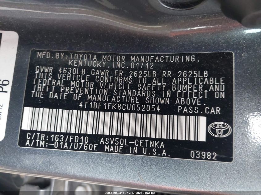 2012 Toyota Camry Le VIN: 4T1BF1FK8CU052054 Lot: 43959415