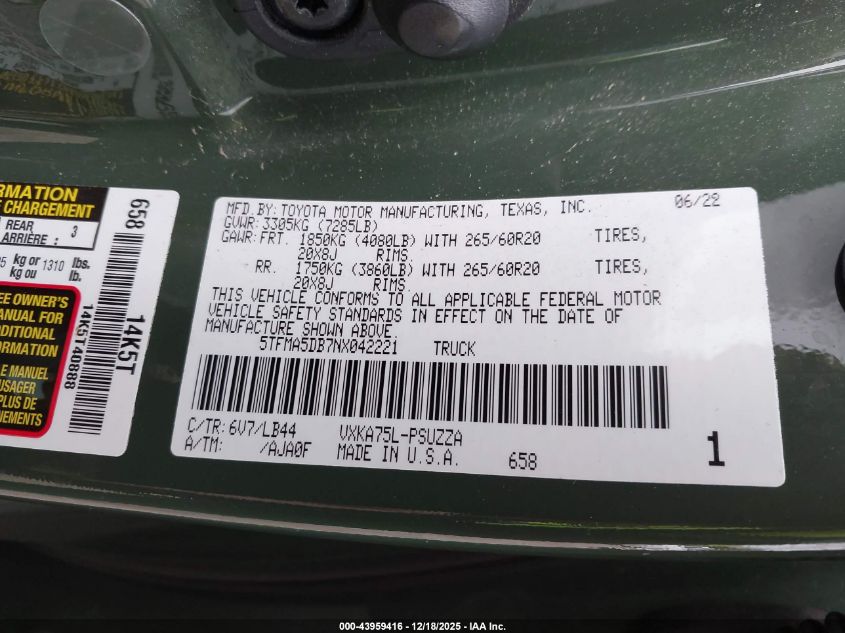 2022 Toyota Tundra 1794 Edition VIN: 5TFMA5DB7NX042221 Lot: 43959416