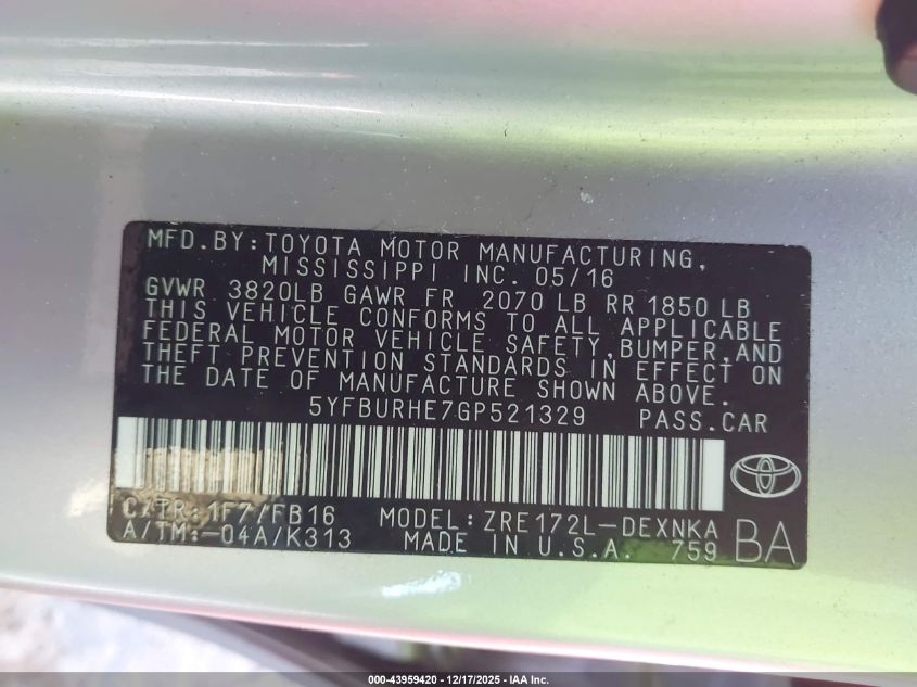 2016 Toyota Corolla Le VIN: 5YFBURHE7GP521329 Lot: 43959420