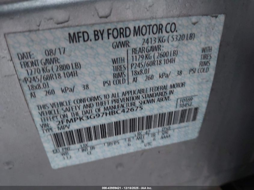 2017 Ford Edge Se VIN: 2FMPK3G97HBC42675 Lot: 43959421