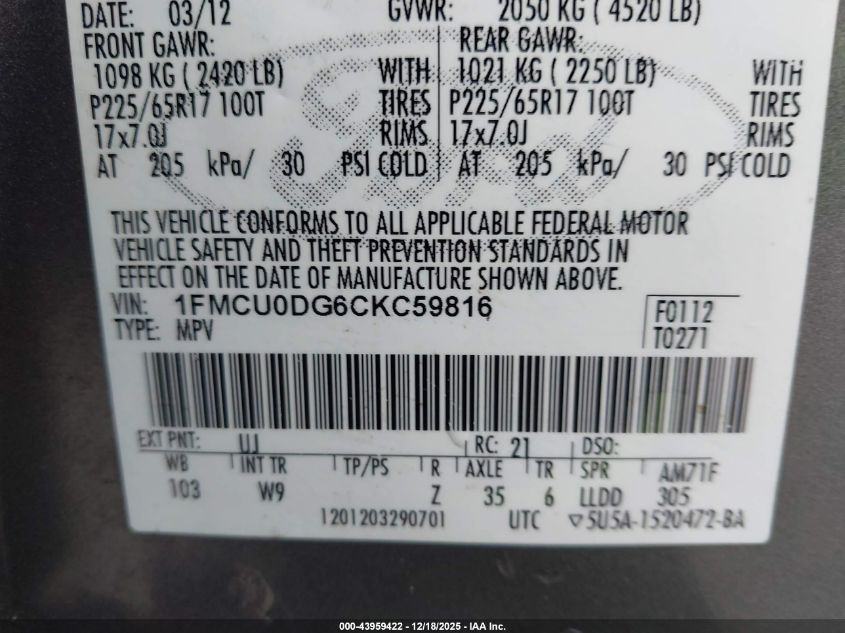 2012 Ford Escape Xlt VIN: 1FMCU0DG6CKC59816 Lot: 43959422