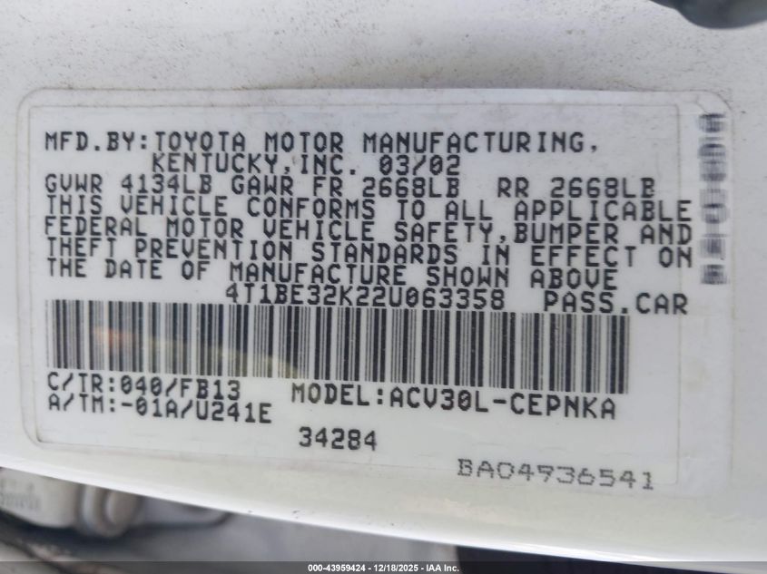 2002 Toyota Camry Le VIN: 4T1BE32K22U063358 Lot: 43959424