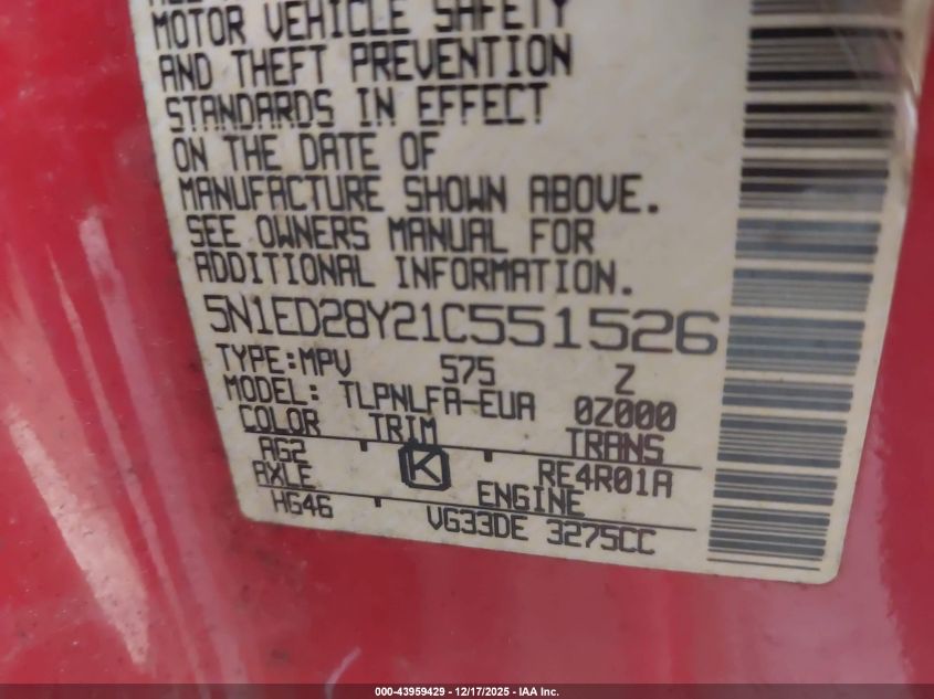 2001 Nissan Xterra Se VIN: 5N1ED28Y21C551526 Lot: 43959429