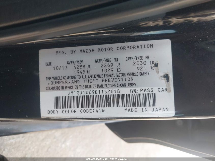 2014 Mazda Mazda6 I Sport VIN: JM1GJ1U69E1152618 Lot: 43959431