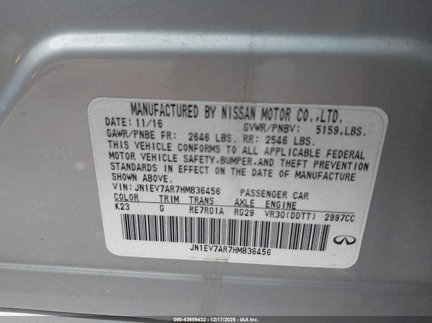 2017 Infiniti Q50 3.0T Premium VIN: JN1EV7AR7HM836456 Lot: 43959432