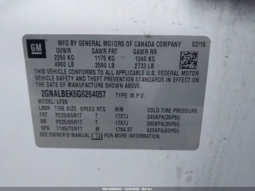 2016 Chevrolet Equinox Ls VIN: 2GNALBEK6G6264057 Lot: 43959433