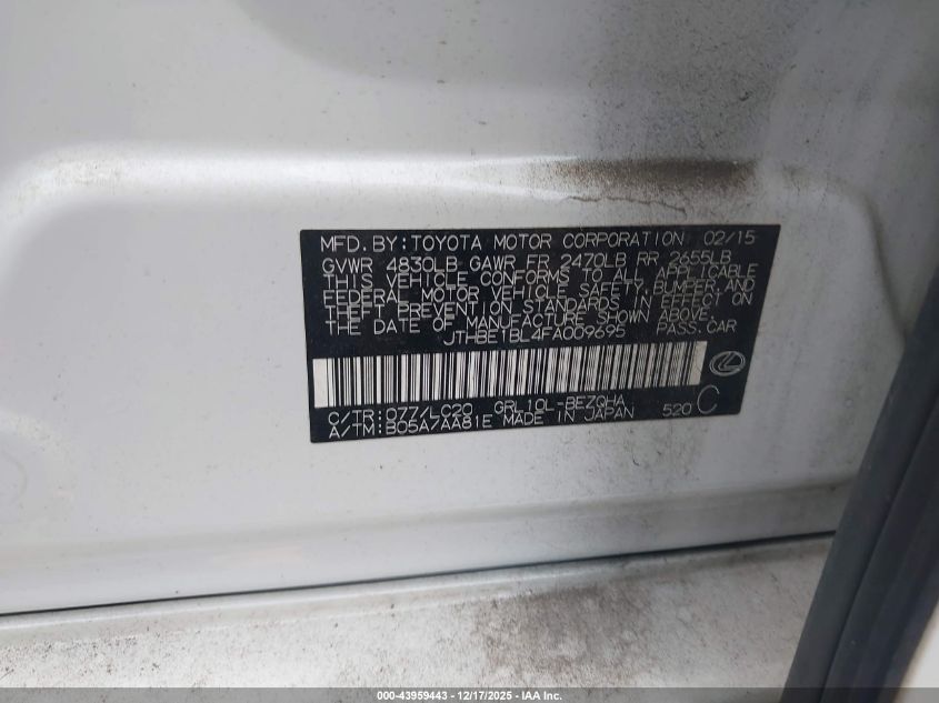 2015 Lexus Gs 350 VIN: JTHBE1BL4FA009695 Lot: 43959443