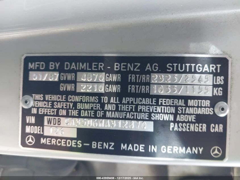 1987 Mercedes-Benz 420 Sel VIN: WDBCA35D6HA312870 Lot: 43959456