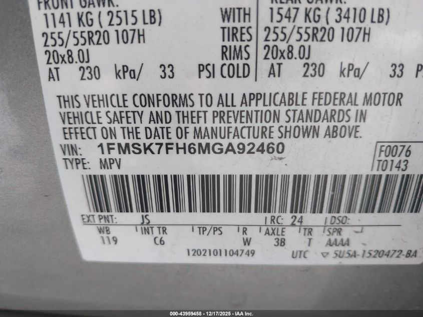 2021 Ford Explorer Limited VIN: 1FMSK7FH6MGA92460 Lot: 43959458