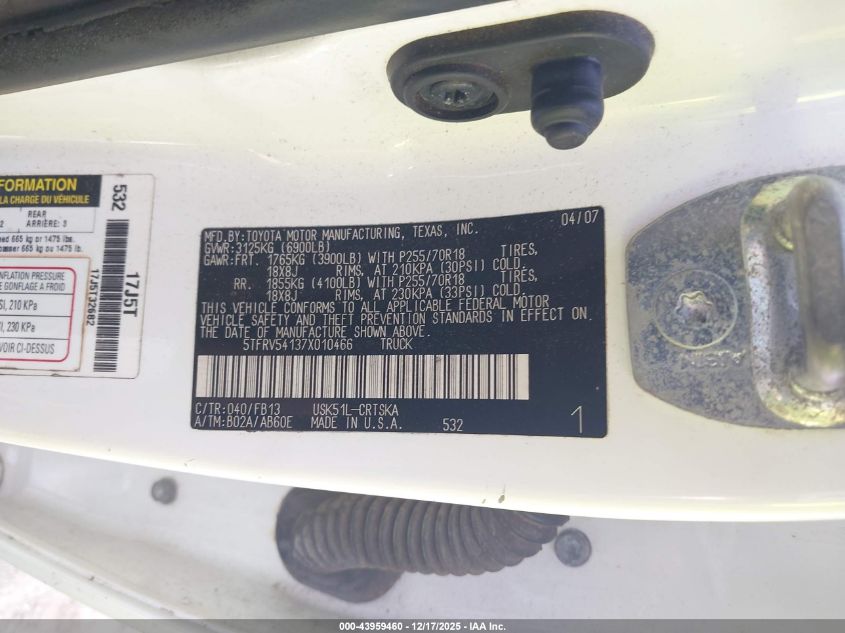 2007 Toyota Tundra Sr5 V8 VIN: 5TFRV54137X010466 Lot: 43959460