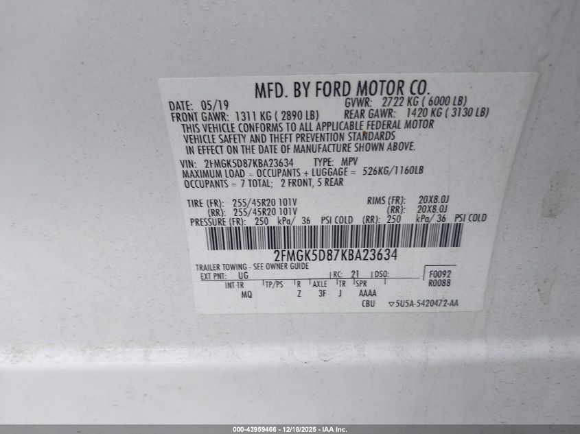 2019 Ford Flex Limited VIN: 2FMGK5D87KBA23634 Lot: 43959466