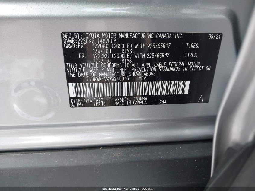 2024 Toyota Rav4 Hybrid Xle VIN: 2T3RWRFVXRW240016 Lot: 43959468