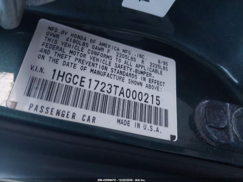 1996 Honda Accord Lx VIN: 1HGCE1723TA000215 Lot: 43959470