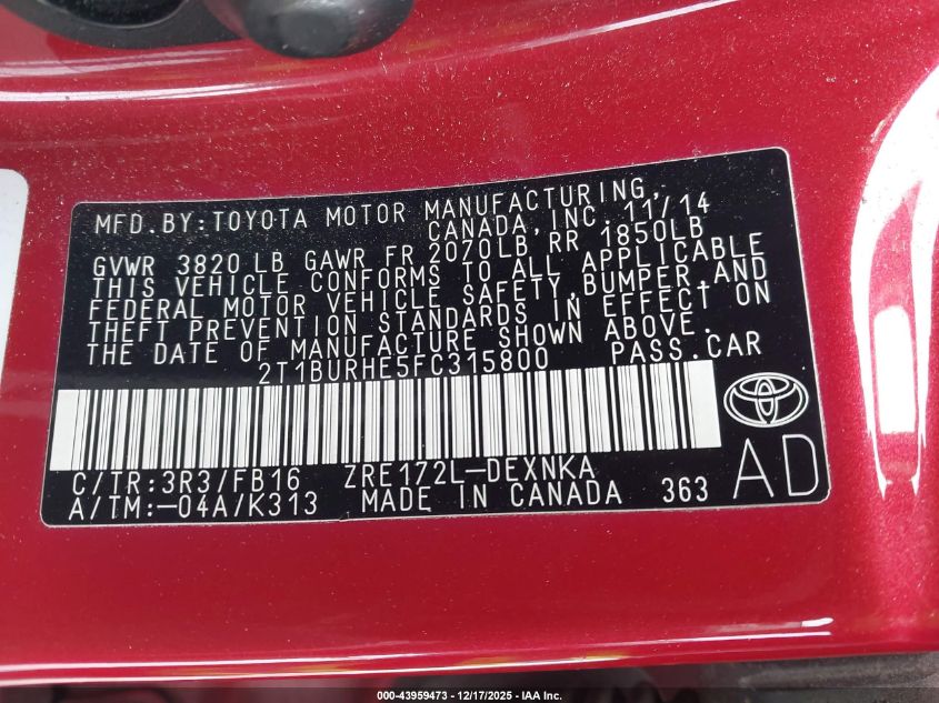 2015 Toyota Corolla Le VIN: 2T1BURHE5FC315800 Lot: 43959473