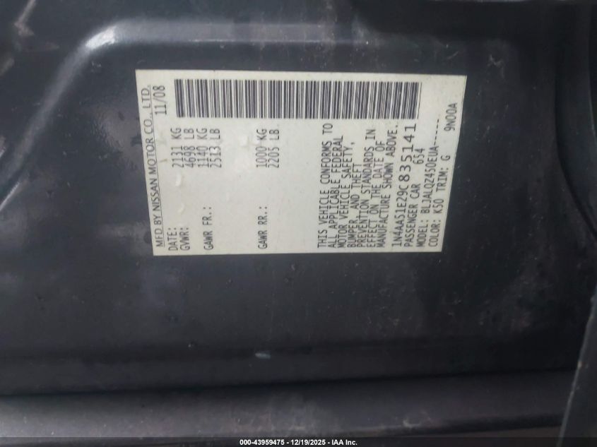 2009 Nissan Maxima 3.5 S VIN: 1N4AA51E29C835141 Lot: 43959475