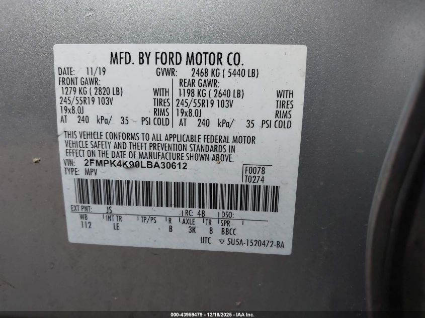 2020 Ford Edge Titanium VIN: 2FMPK4K90LBA30612 Lot: 43959479