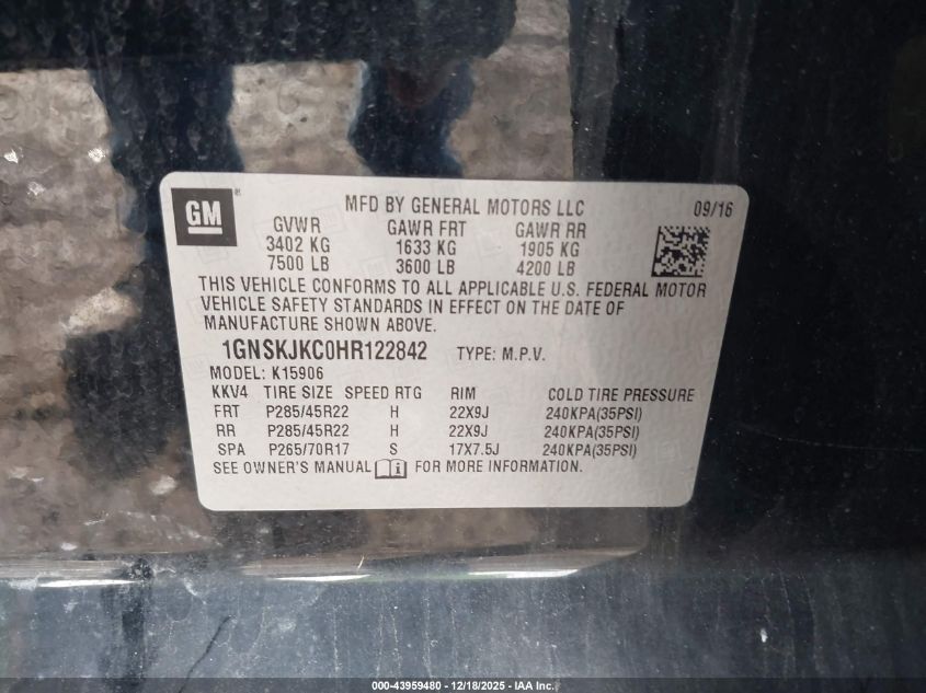 2017 Chevrolet Suburban Premier VIN: 1GNSKJKC0HR122842 Lot: 43959480