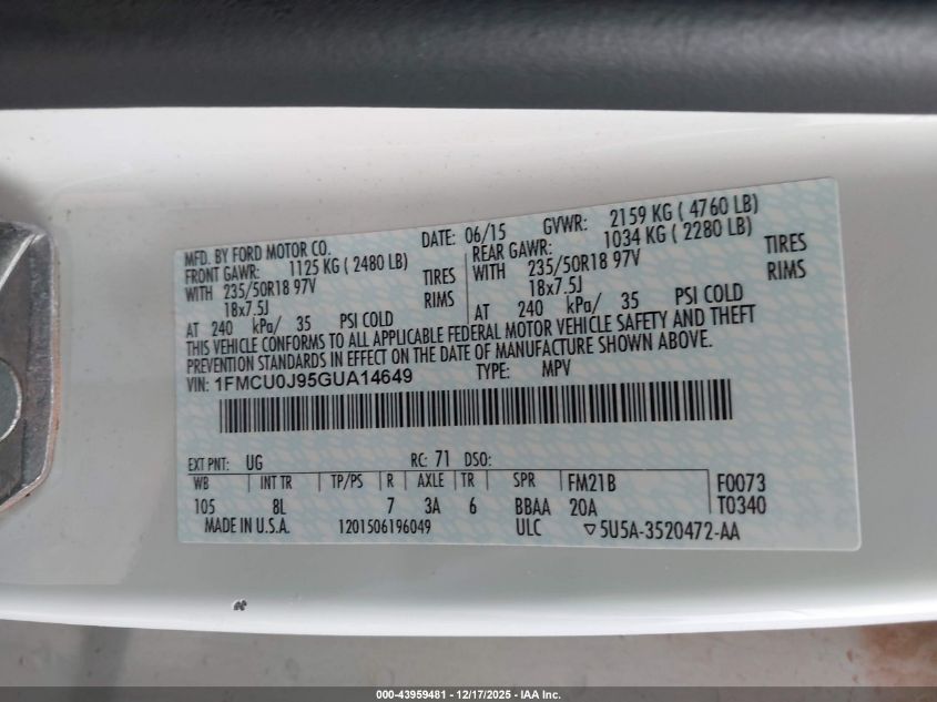 2016 Ford Escape Titanium VIN: 1FMCU0J95GUA14649 Lot: 43959481