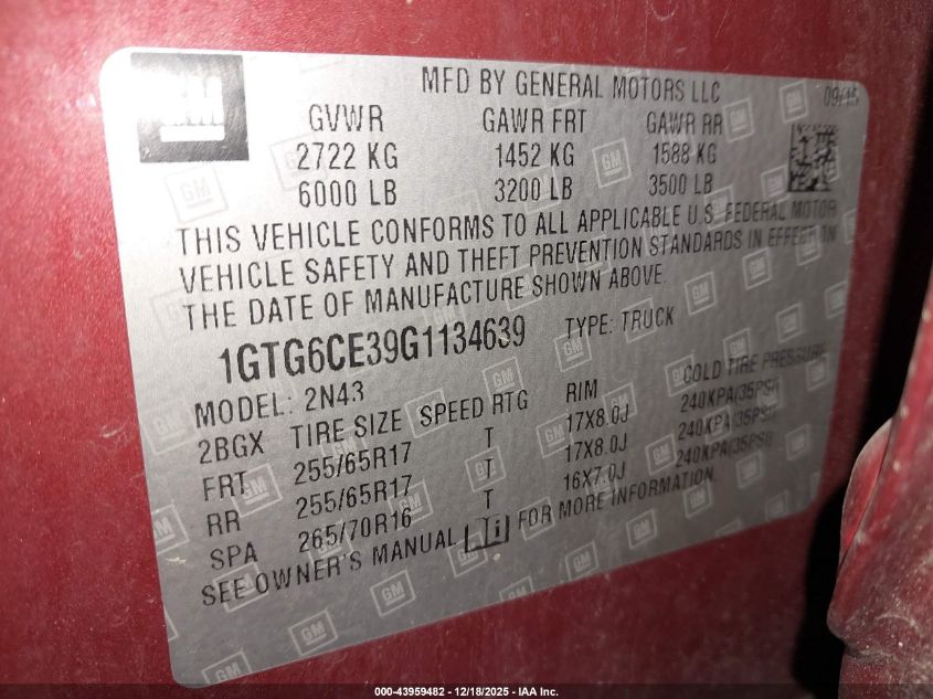 2016 GMC Canyon Sle VIN: 1GTG6CE39G1134639 Lot: 43959482