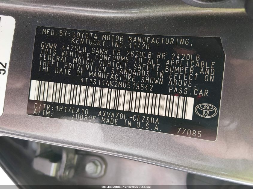 2021 Toyo Camry Se Automatic Se VIN: 4T1S11AK2MU519542 Lot: 43959484