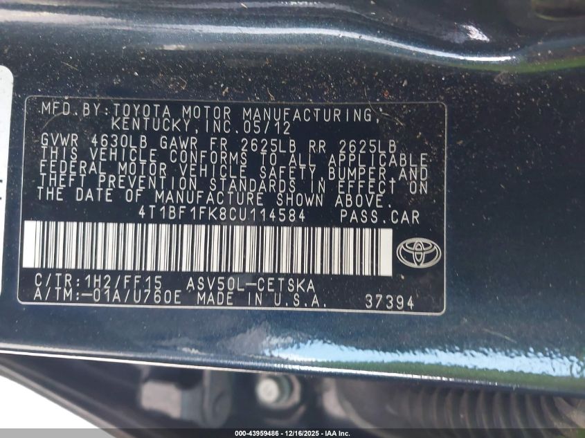 2012 Toyota Camry Se VIN: 4T1BF1FK8CU114584 Lot: 43959486