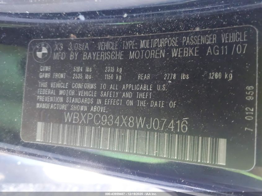 2008 BMW X3 3.0Si VIN: WBXPC934X8WJ07416 Lot: 43959487