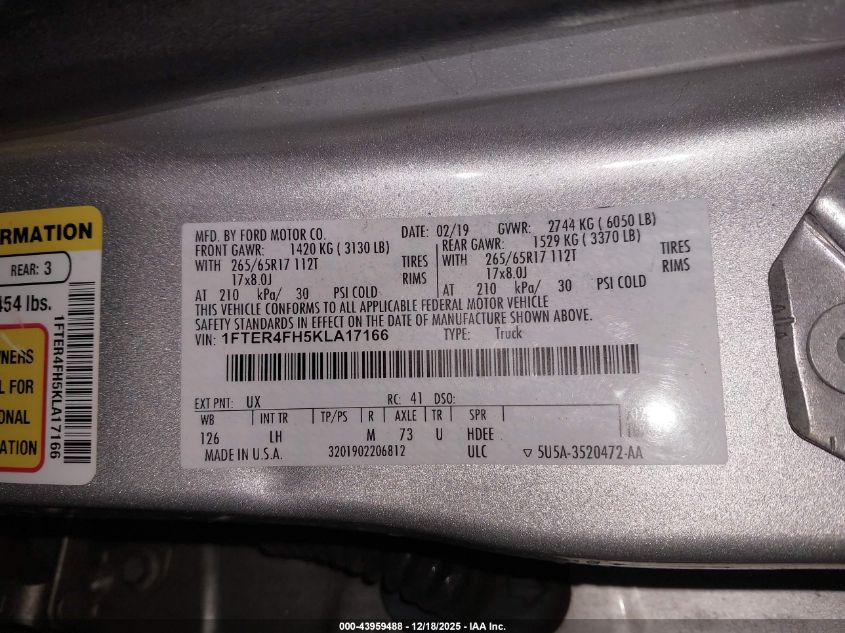 2019 Ford Ranger Xlt VIN: 1FTER4FH5KLA17166 Lot: 43959488