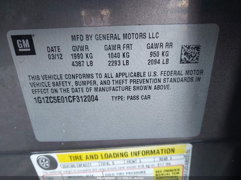 2012 Chevrolet Malibu 1Lt VIN: 1G1ZC5E01CF312004 Lot: 43959489