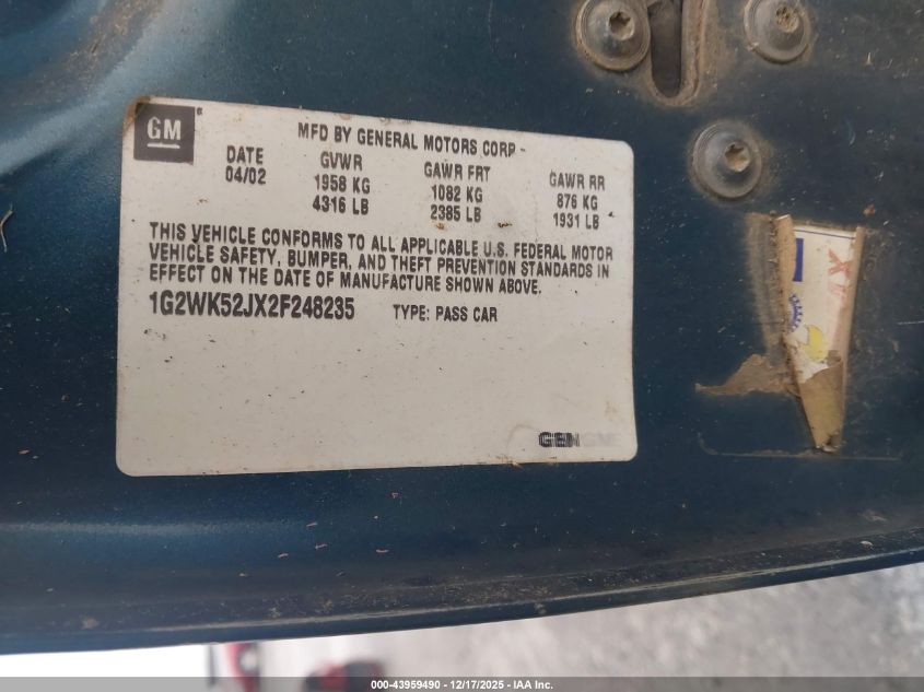 2002 Pontiac Grand Prix Se VIN: 1G2WK52JX2F248235 Lot: 43959490